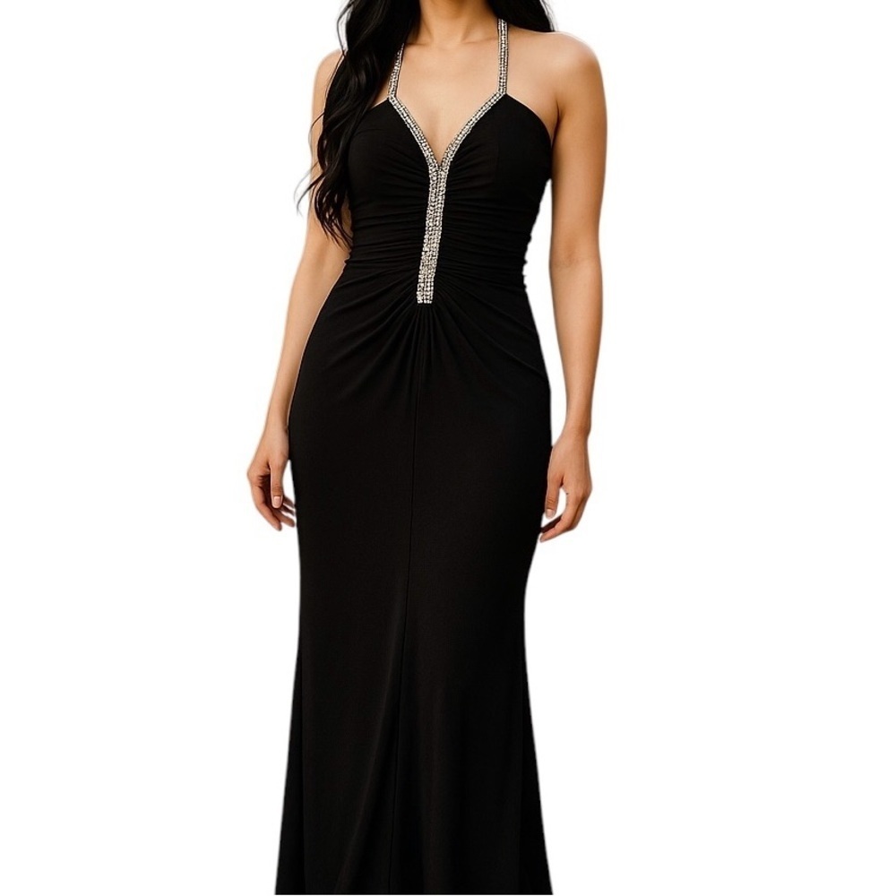 Chetta B Silk Black Evening Formal Gown Rhinestones Babydoll Neckline Women 4